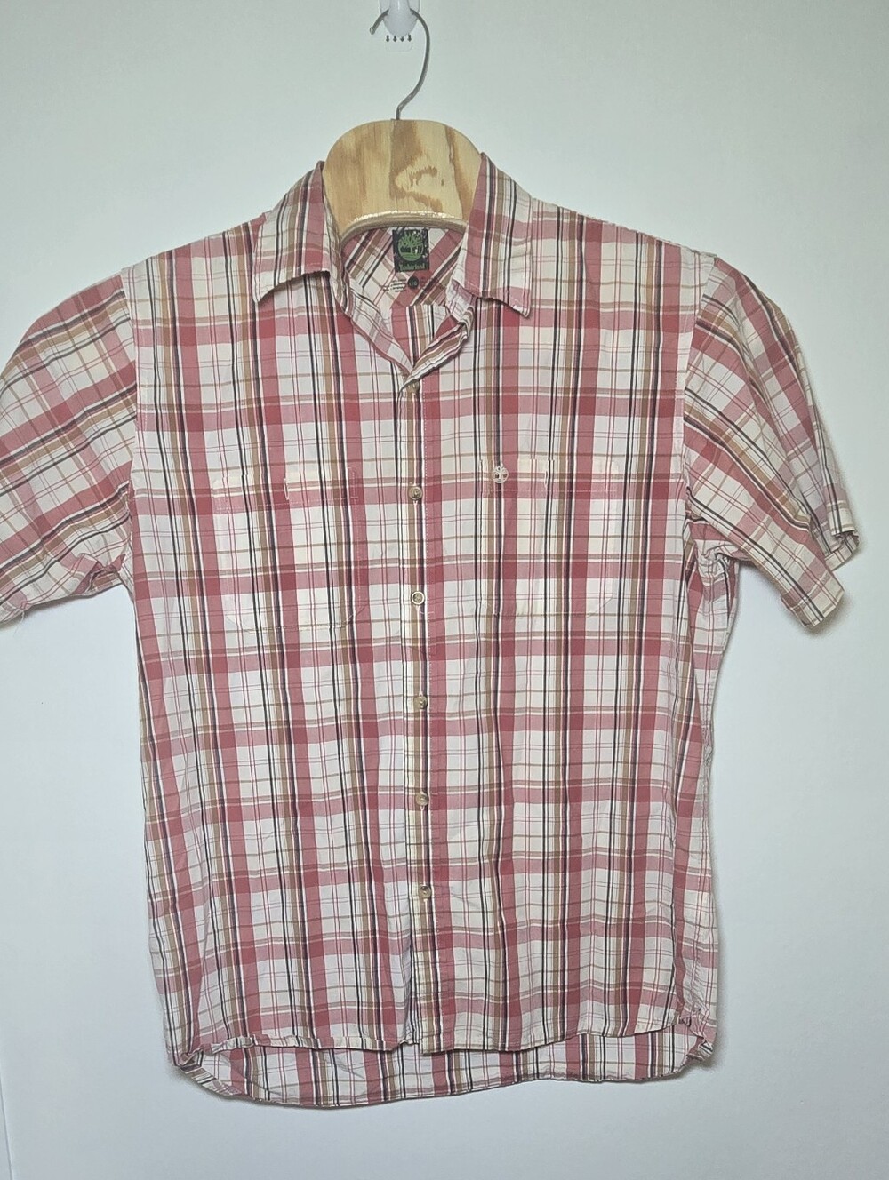 Timberland Mens L Casual Button Down Shirt Short Sleeve Red Tan Plaid Cotton